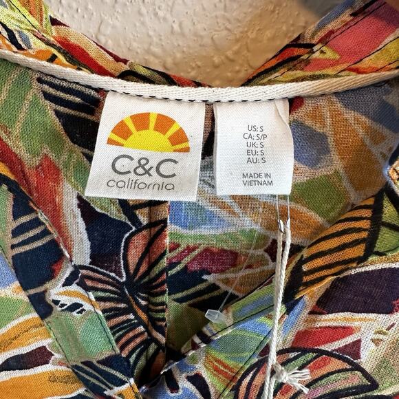 NWT C&C California Dress Small Orange Floral Linen Tropical Vacation Beach - Picture 5 of 11